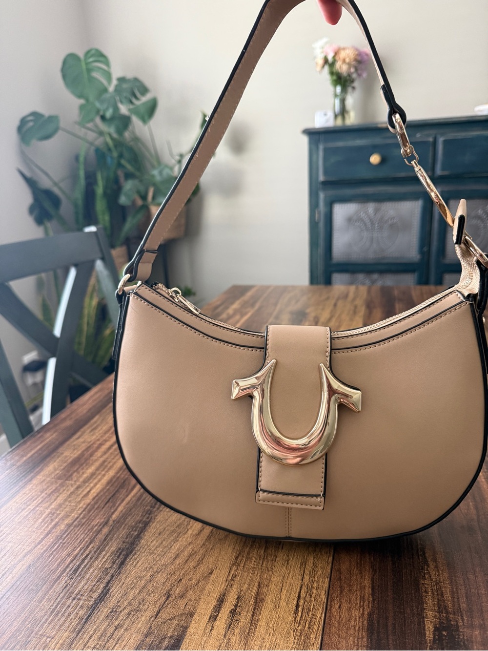 True Religion Taupe Shoulder Bag with Gold Hardware